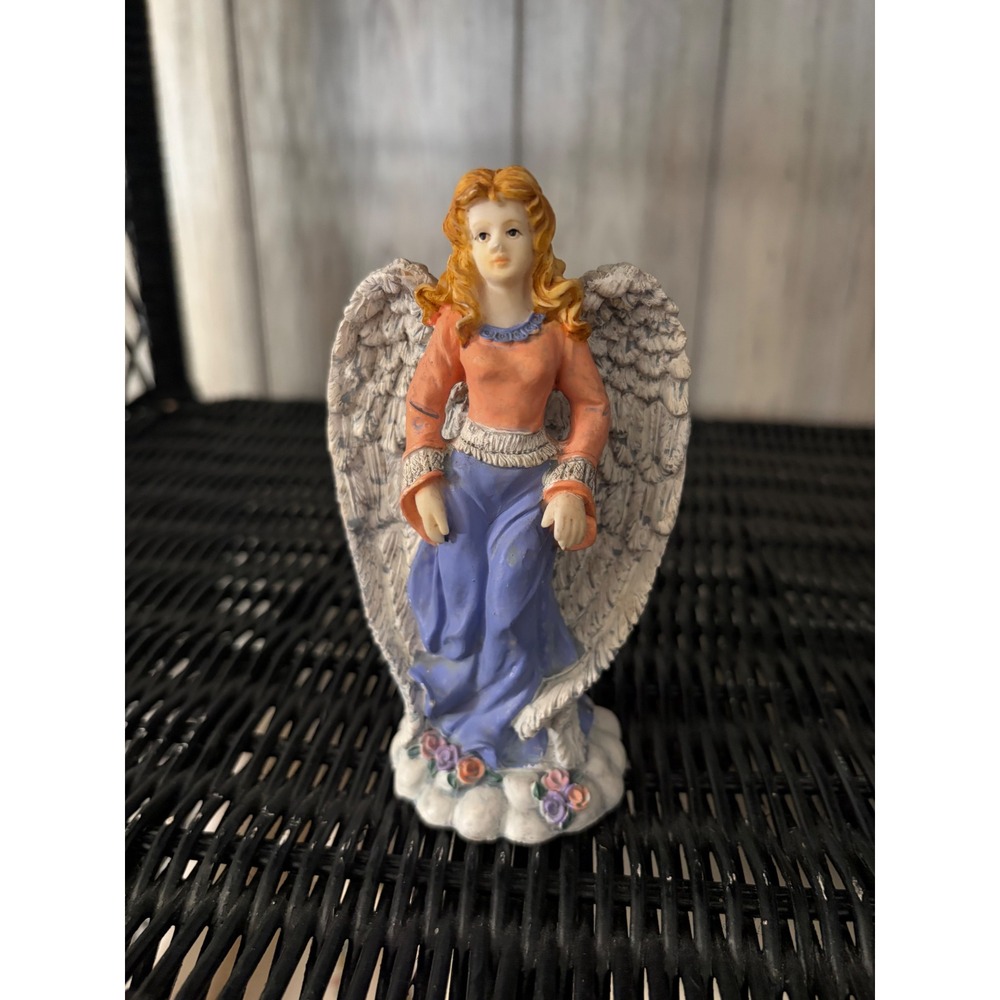 Vintage Style Angel Figurine Red Hair Blue Dress Resin Statue 4.5 Inch Decor